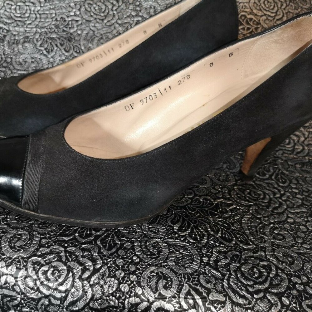 Vintage Salvatore Ferragamo High Heel - Black Suede  Patent Cap Toe Size 8 Italy
